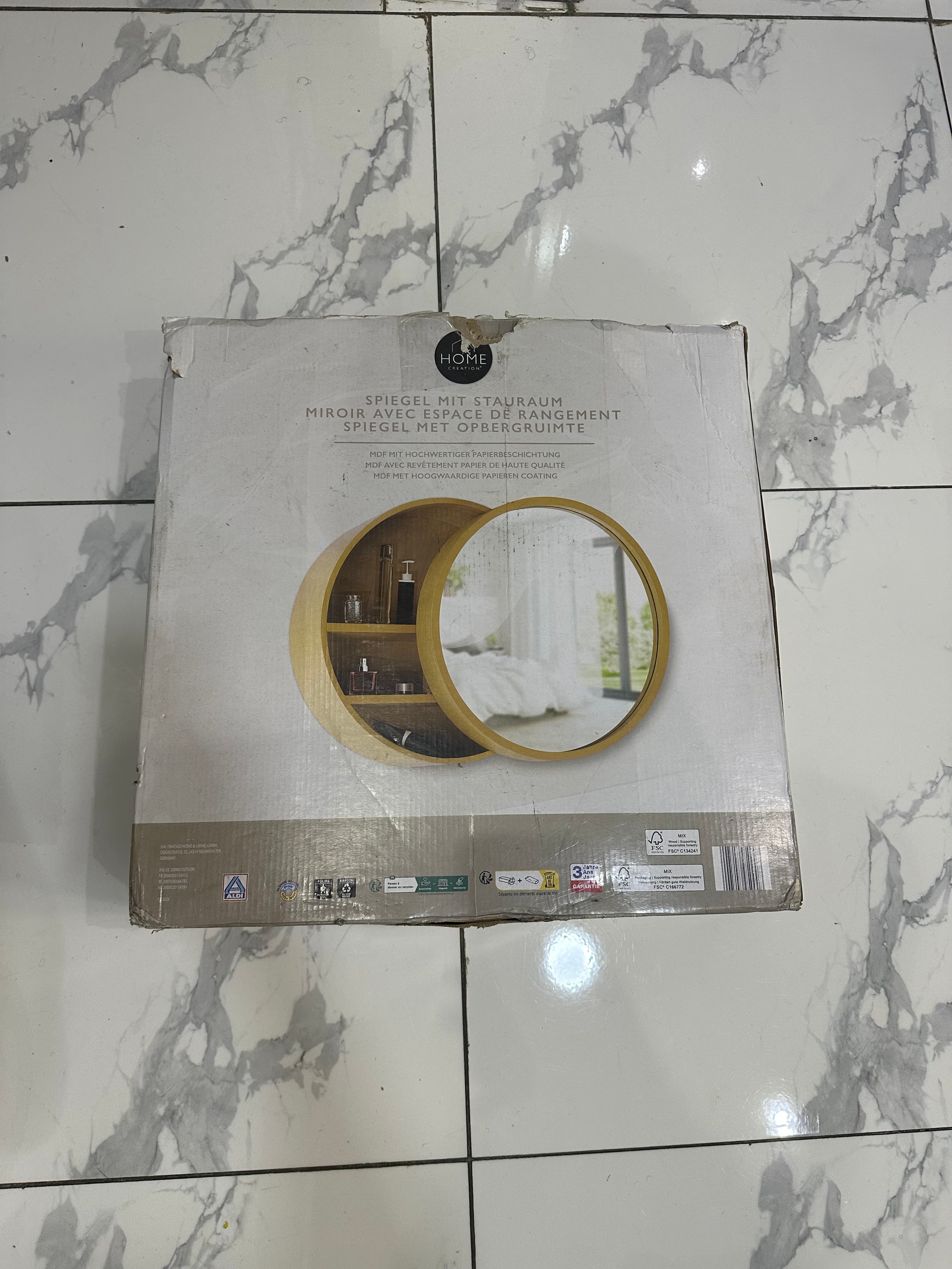 Round Wooden-Framed Wall Mirror with Hidden Storage
