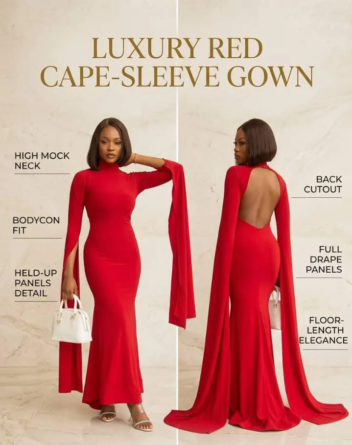 Luxury Red Cape-Sleeve Gown  
