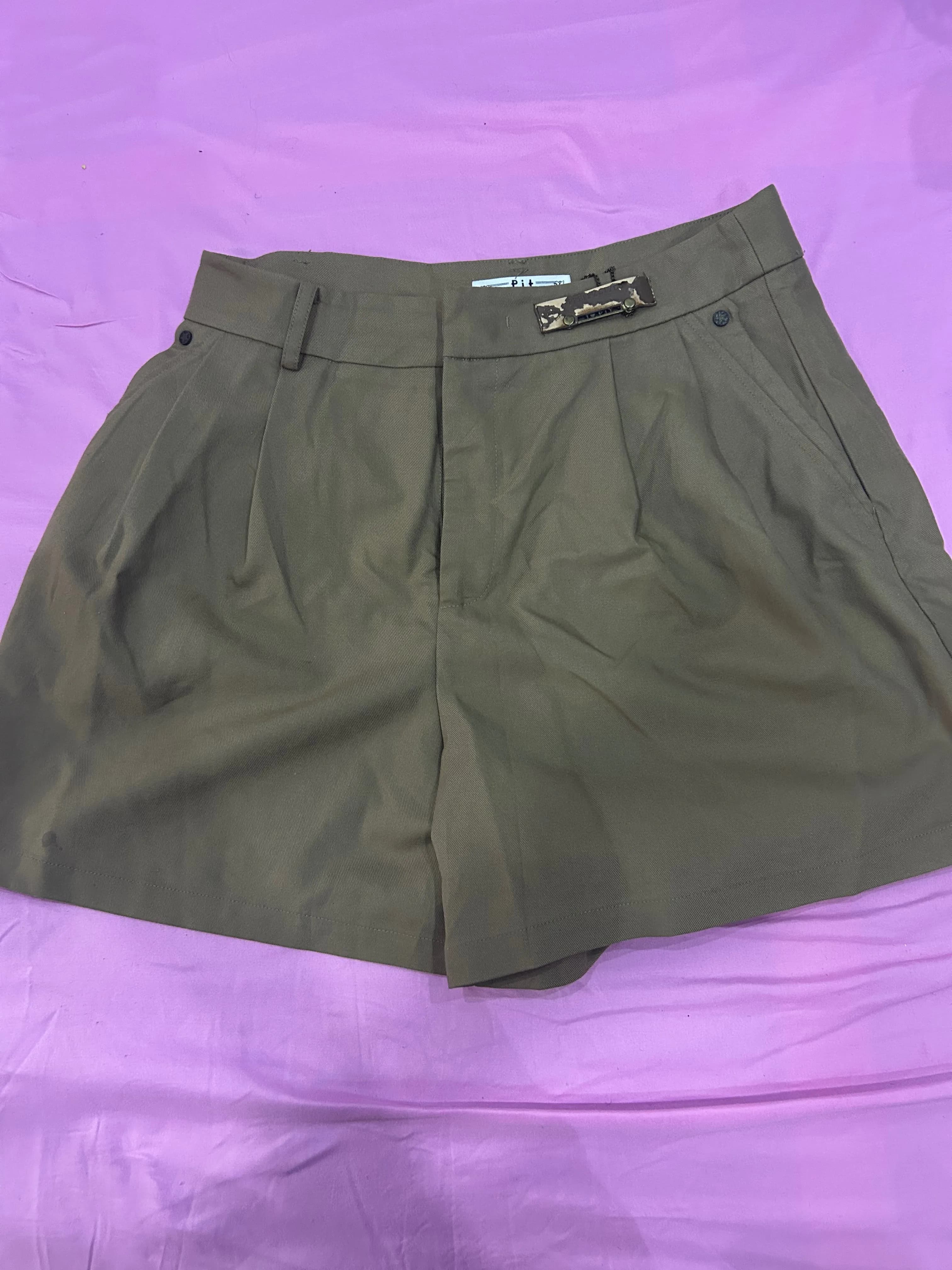 Olive Green High-Waisted Pleated Trouser Shorts