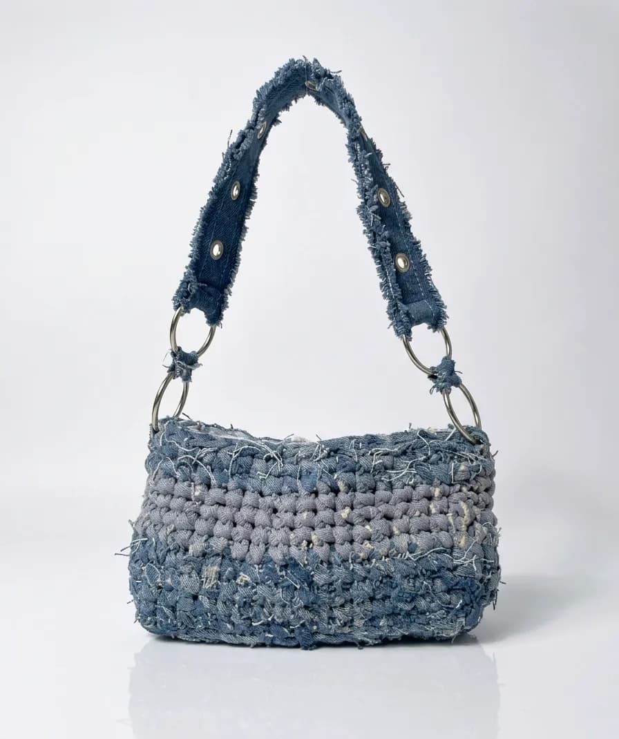 ALT Grey - Denim Distressed Crochet Shoulder Bag