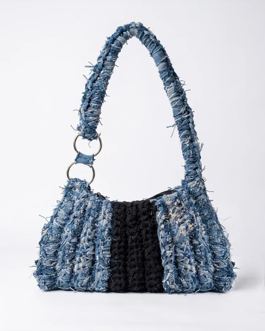 ALT Black - Denim Distressed Crochet Shoulder Bag