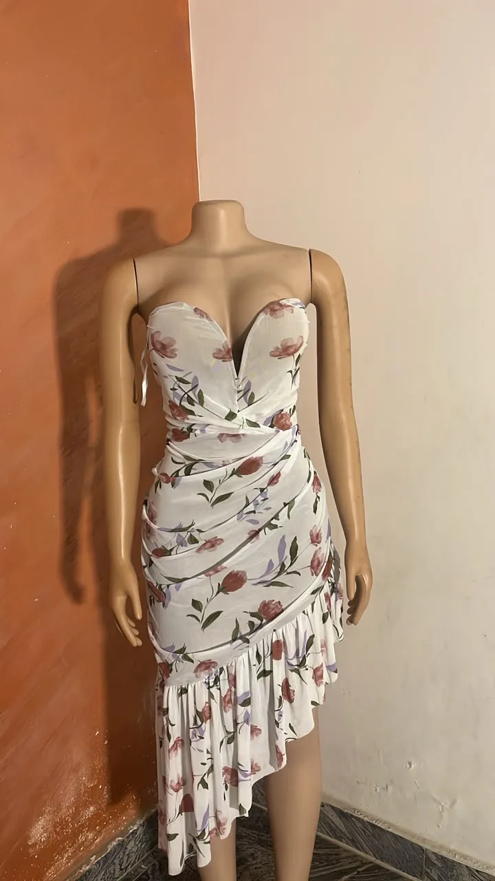 JLUXLABEL Strapless Floral Dress - Cream and Pink