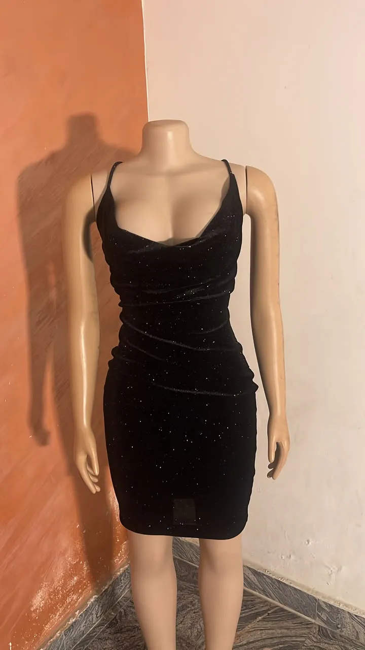 Iris Black Glitter Cowl-Neck Mini Dress.