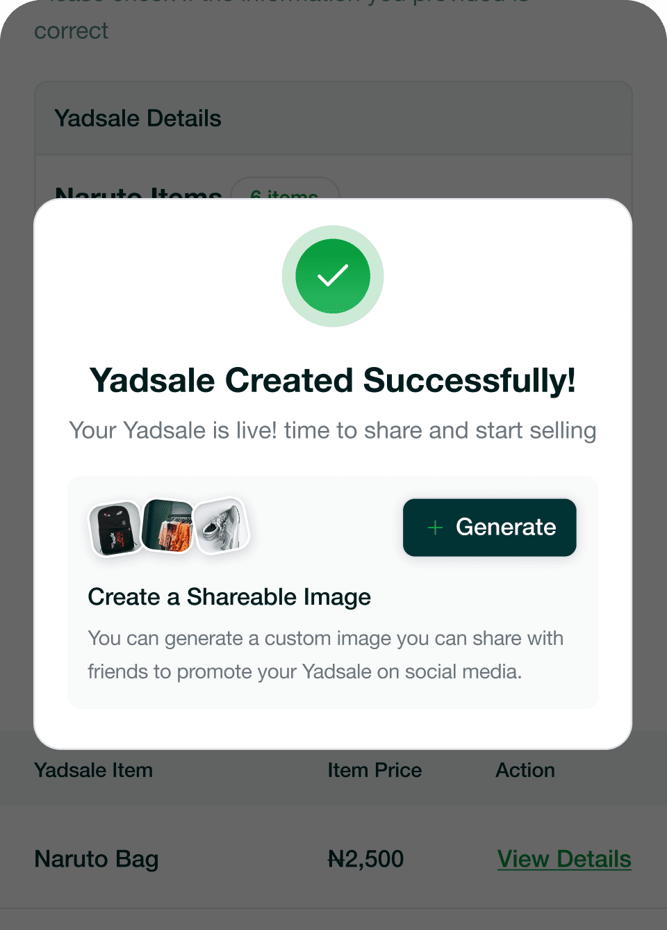 The confirmation shown once a Yadsale goes live